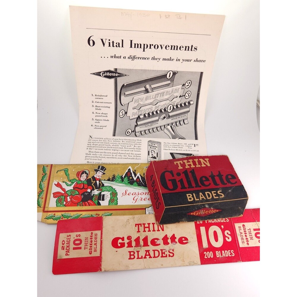 Vintage 1930 1940 Gillette Razor Blade Print Ad Display Sign Ephemera Lot
